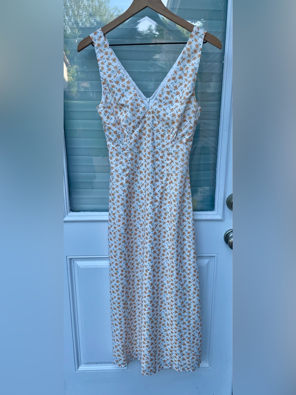 Kittenish White Maxi Dress with Mustard Floral Print